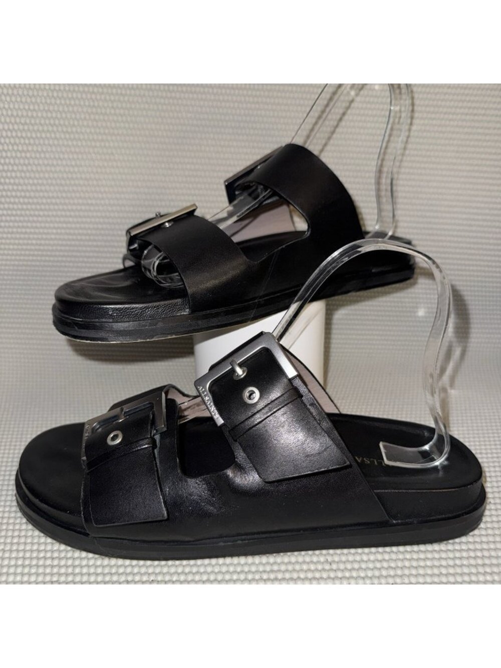 AllSaints Mia Black Leather Double Strap Slide Sandals Women's Size 8 (38)